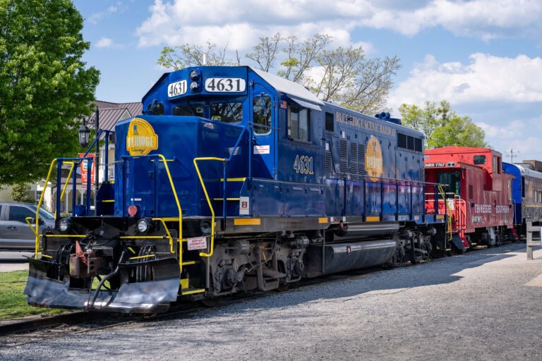 Blue Ridge Scenic Railway locomotive at the Blue Ridge, Georgia station, waits for passengers to board on their journey through the beautiful scenery.
